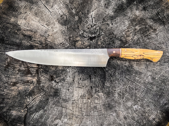 Dustworks hand made 10" Chef Knife Two Tone Wood Scales Brass Paper micarta
