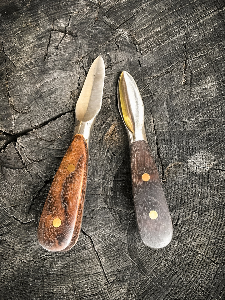Dustworks Pair Hand Forged Oyster Knives Steel Walnut copper Brass bronze