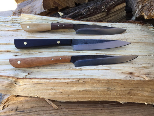 Dustworks handmade Trio Steak Knives wood scales brass pins