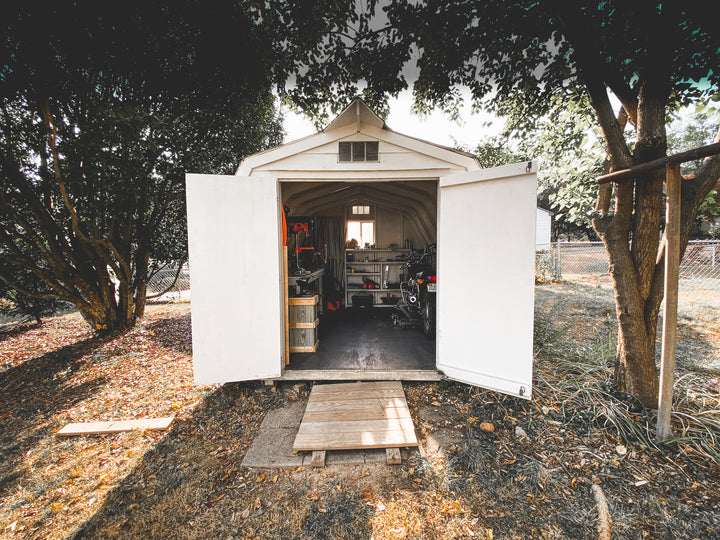Dustworks Exterior Shed Open Doors handmade workshop made in USA crozet VA