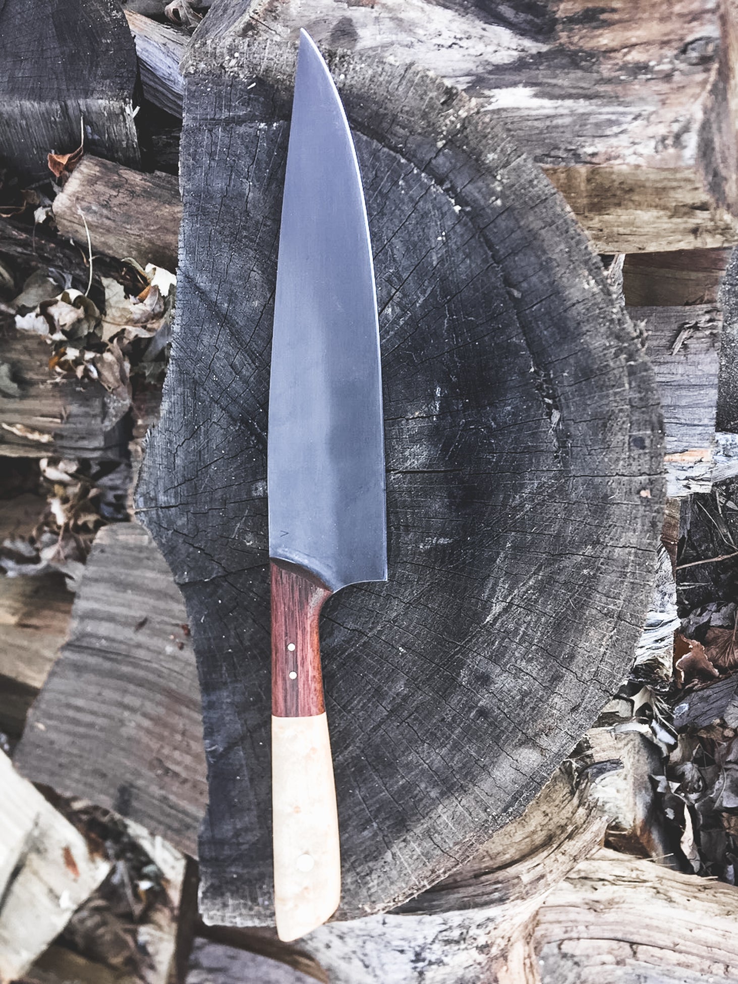Dustworks Handmade Chef Knife Two Tone Wood Scales Brass Pins