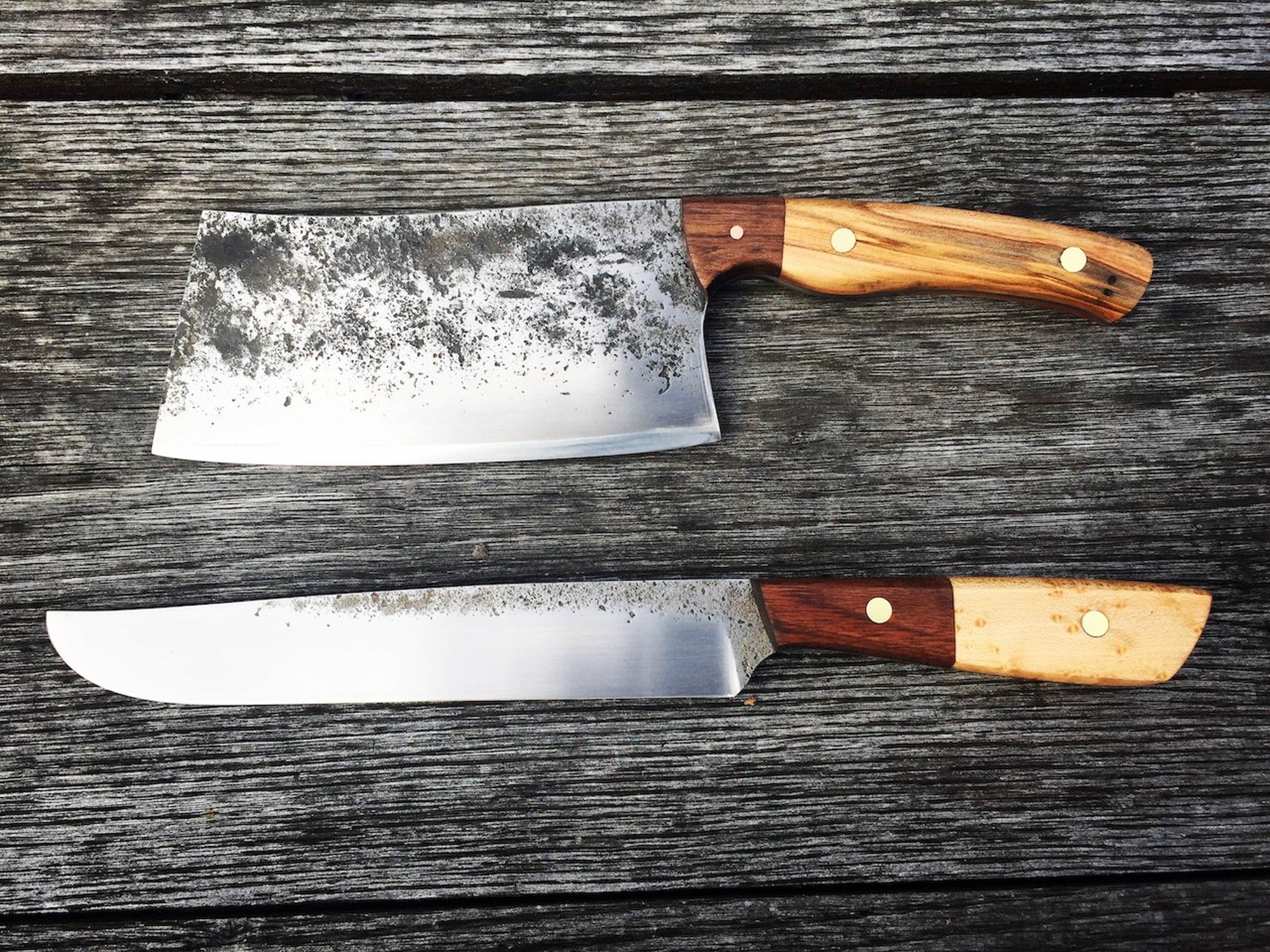 Dustworks Hand Forged Cleaver Slicer Two Tone Wood Scales Brass Pins
