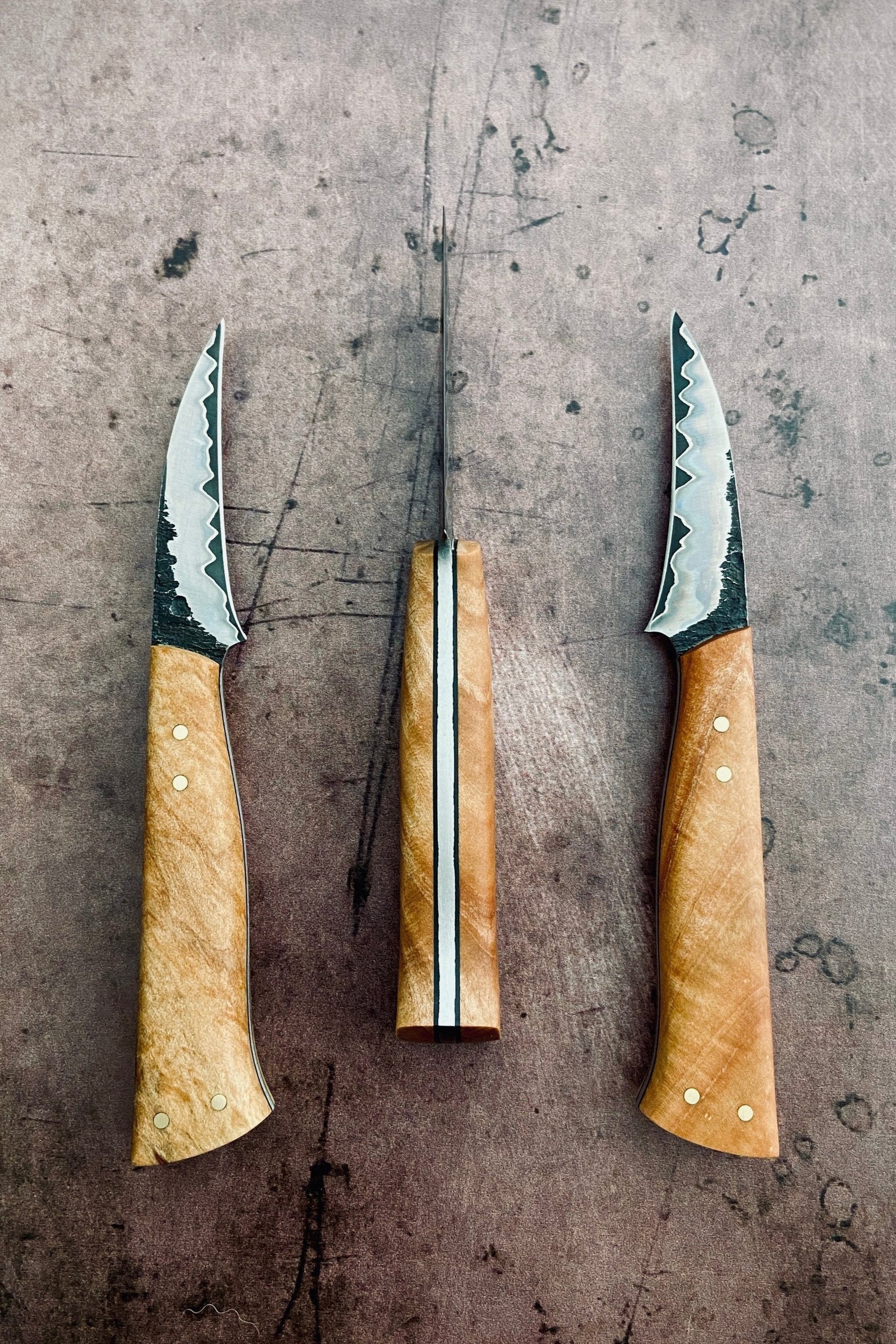 Three paring knives with bird&#39;s beak shaped blades, featuring wooden handles with a black fiber liner and brass pins, displayed on a textured metal surface.